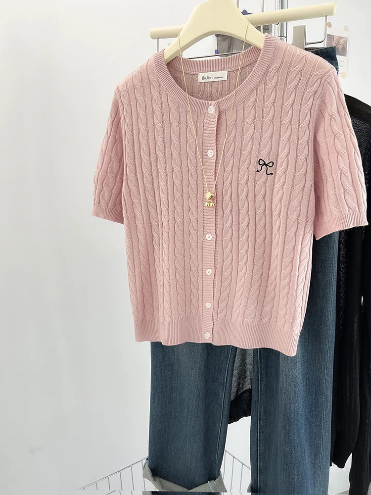 

Summer Knitted Cardigan Women 2025 New Korean Fashion Short Sleeve T-shirt Round Neck Bow Sweater Female Knitwear Tops