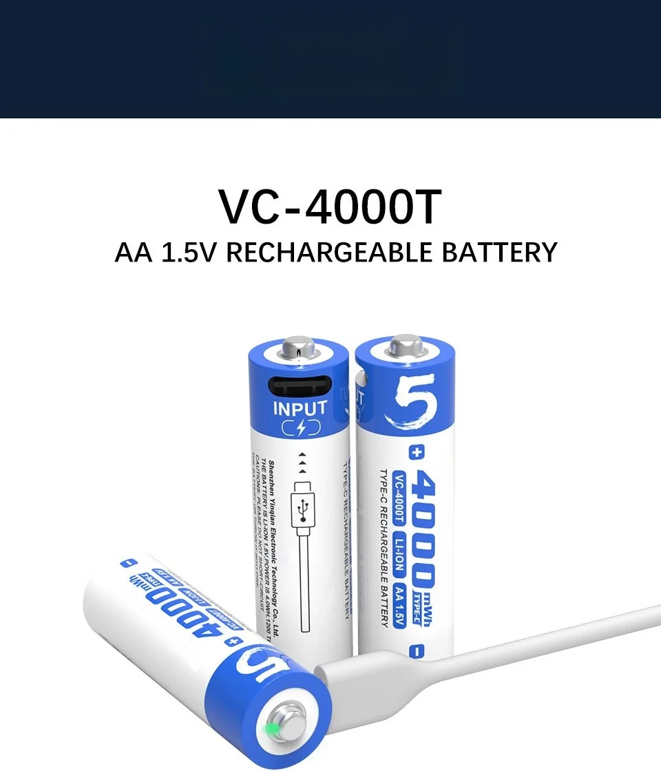 1.5V AA Rechargeable Lithium Battery 4000mWh USB Type-C Charging High Capacity for Flashlights/Toys/Cameras