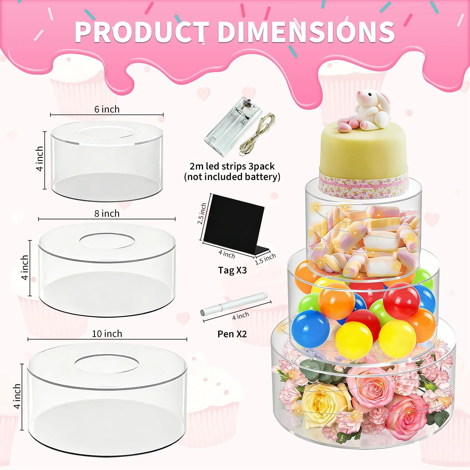 3 PCS Acrylic Cake Stands, Round Clear Fillable Cake Display Risers with LED Light for Wedding Birthday Party