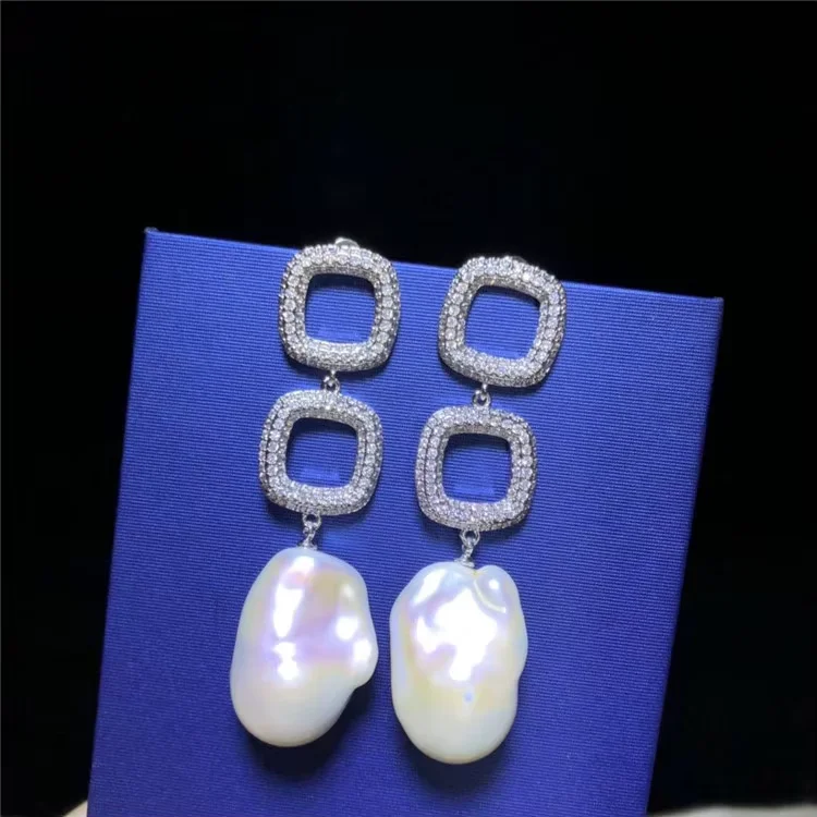 15X23mm Natural baroque irregular pearls  CZ Earrings