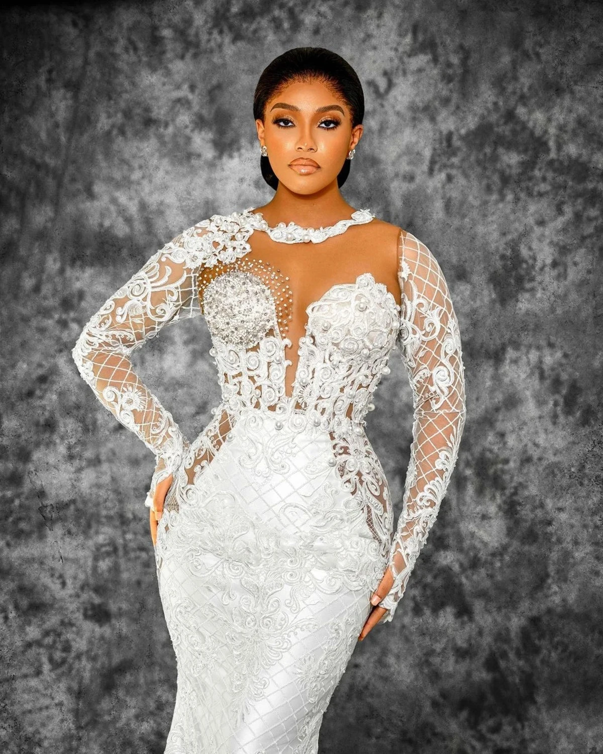 ชุดแต่งงานสไตล์วินเทจทรงเมอร์เมด ปี 2026 ผ้าซีทรูประดับลูกปัดและแอพพลิเคชั่น แขนยาวแบบโปร่งแสง ชุดเจ้าสาวสไตล์อาหรับ