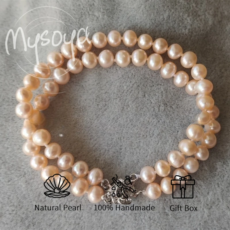 

MYSOYA двухслойный браслет из розового пресноводного жемчуга 6-7 мм с подарочной коробкой для ее него на день рождения, свадьбу ко Дню святого Валентина