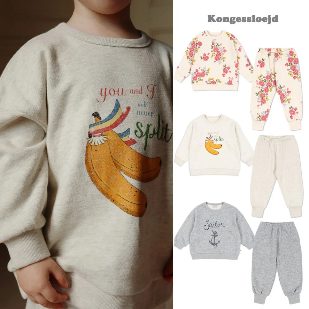 2025 Autumn New Arrival Kids' Clothing Set Anchor Floral Long Sleeves Hoodie + Casual Sweatpants Unisex In-Stock Ready-to-Ship