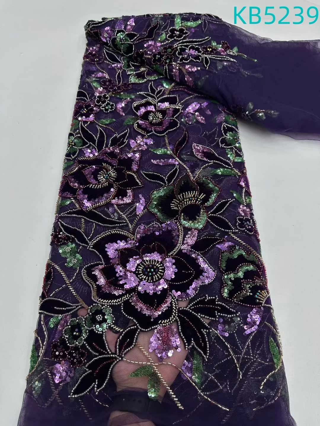 

Luxury Hand Beaded Lace Fabric Tulle Lace French Mesh Nigerian Sequins Beaded Embroidery 5 Yards For Bridal Wedding KB5239