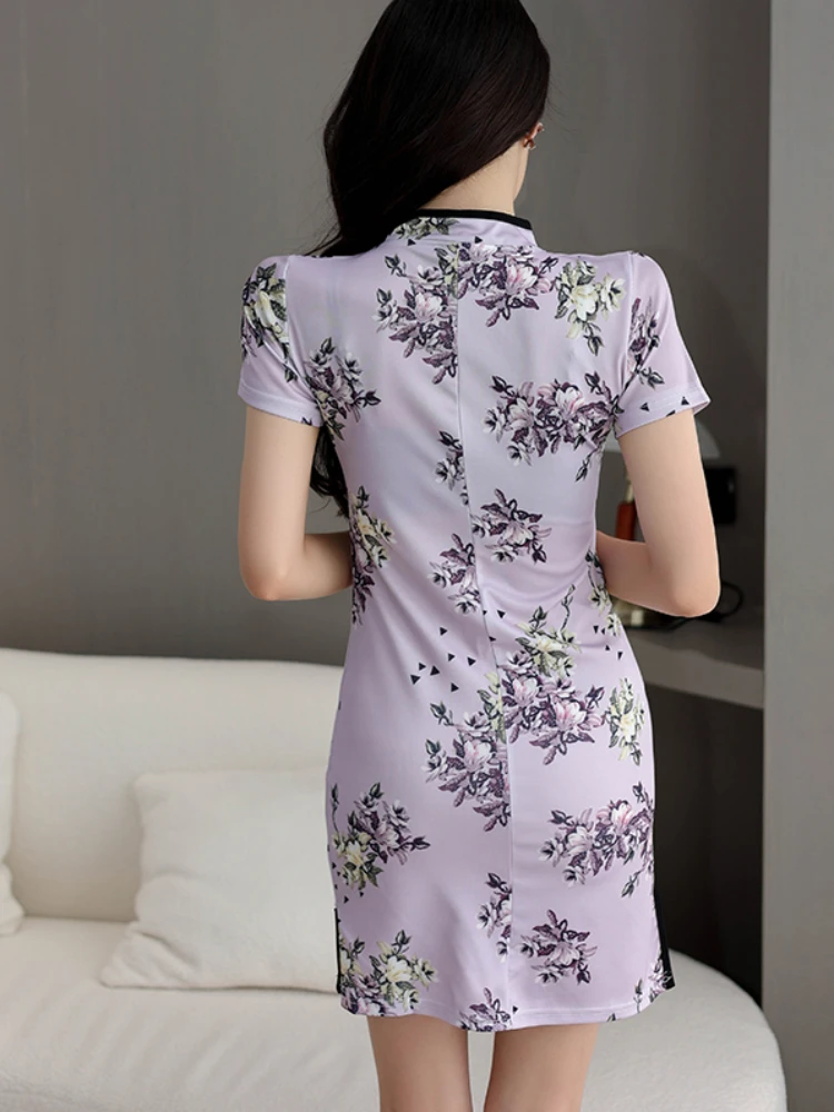 Women Dresses Qipao Casual Sweet Girls Elegant Comfortable Summer Short Sleeve Floral Chinese Style Side-slit Stylish Retro Tee