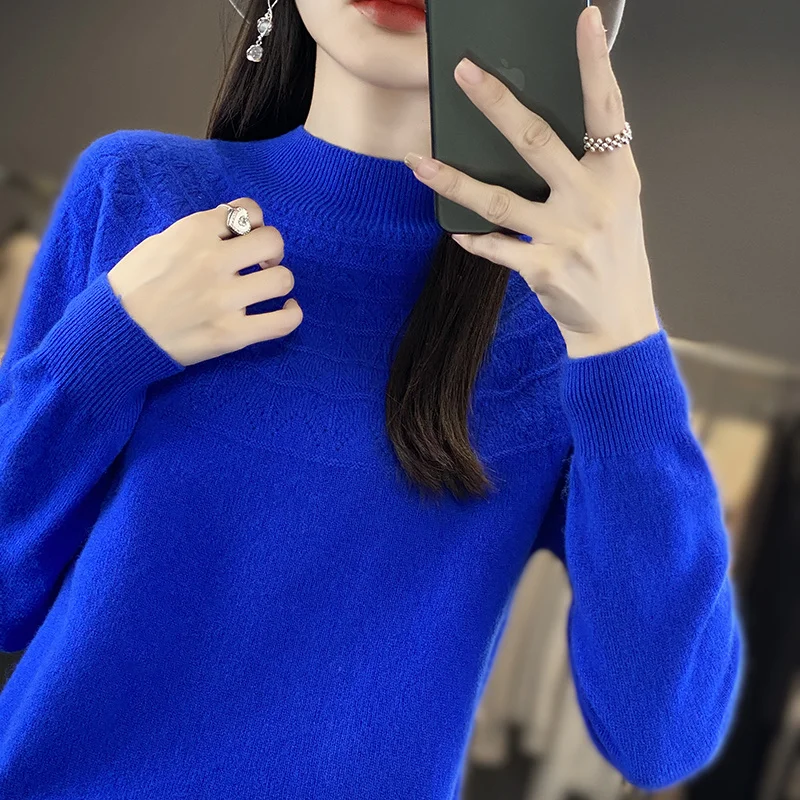 2024 New Line Of Garment Hollowed Out Half Height Women\'s High-grade Woolen Sweater 100% Pure Wool Multi-color Option WQ