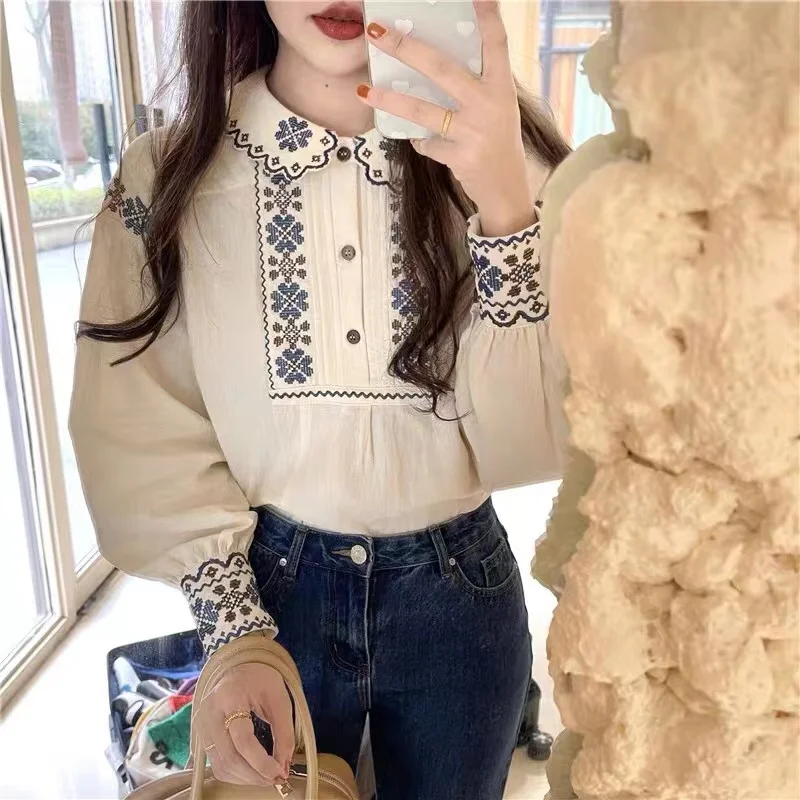 Retro Heavy Industry Embroidery 2024 Women\'s Spring and Autumn Pullover Lapel Panel Button Fashion Slim Fit Long Sleeved Shirt