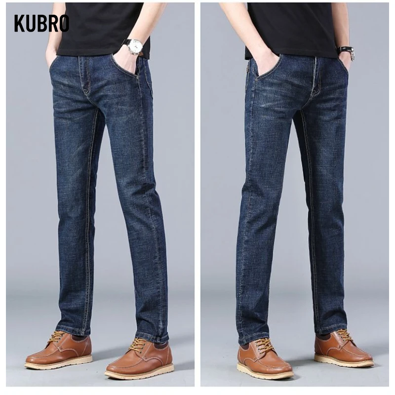 عادية سليم صالح الرجال الجينز مستقيم مطاطا أربعة مواسم العصرية الكلاسيكية سراويل جينز مريحة الرجال السراويل الطويلة المألوف #6