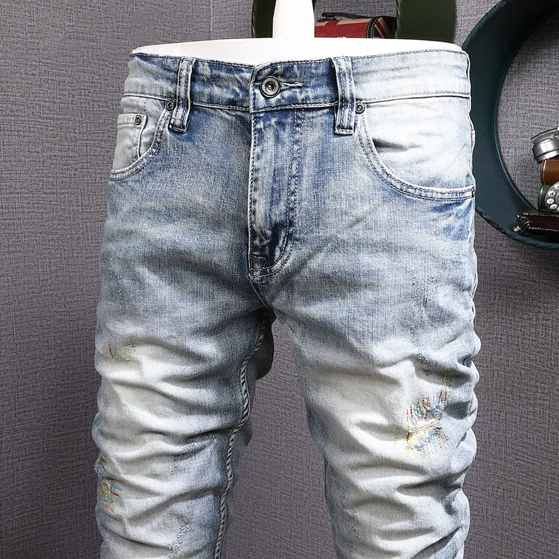 Fashion Vintage Men Jeans Retro Washed Light Blue Elastic Slim Ripped Jeans Men Embroidery Patched Designer Denim Pants Hombre