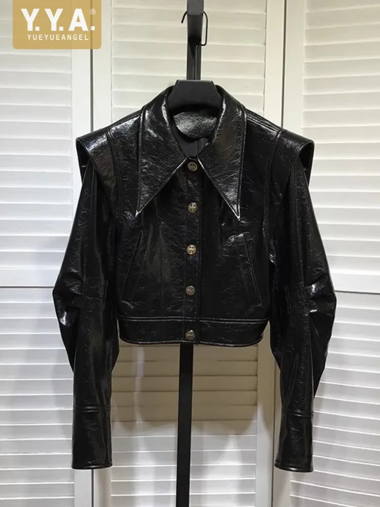 Fashion Square Collar Genuine Leather Womens Short Jacket Single Breasted Street Punk Sheepskin Patent Leather Moto Biker Coat