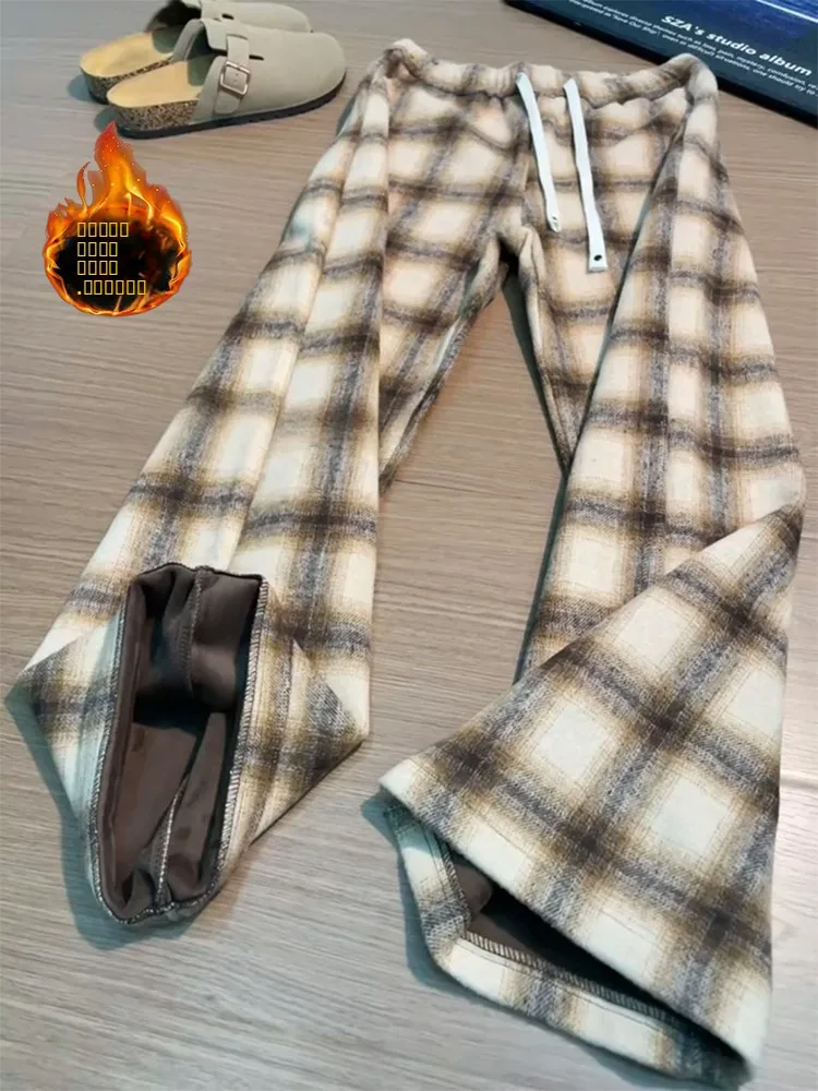 

Американские ретро-брюки в клетку с начесом, утепленные, повседневные, для мужчин и женщин, осенне-зимние, прямые, с узором в стиле чирлидинга