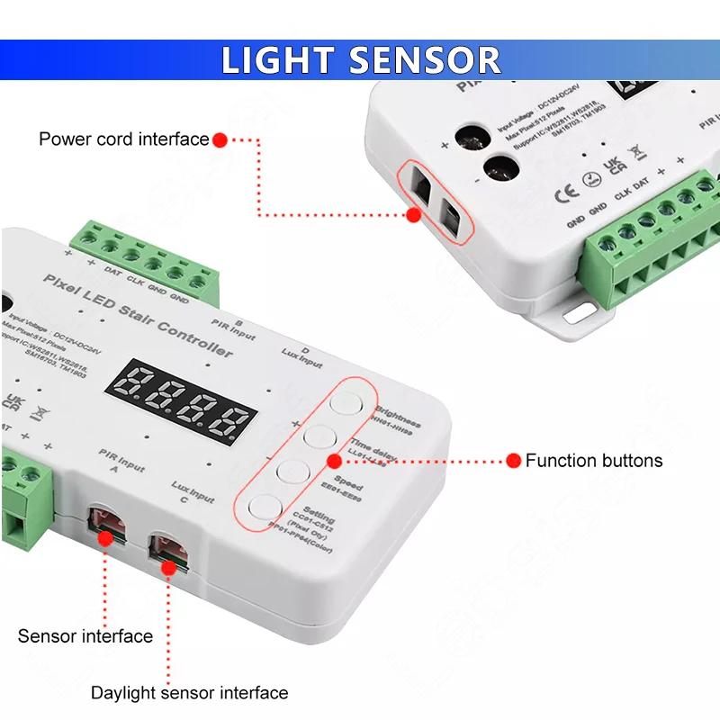 512 Pixel LED Stair Lighting Controller DC12V DC24V & PIR Motion Sensor &Daylight Sensor Single color or RGB Dynamic Light Strip