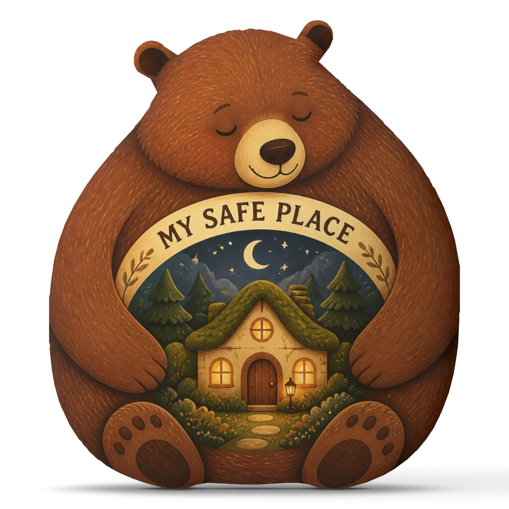 My Safe Place Bear Shaped Pillow Woodland Cottage Plush Cushion Cozy Stuffed Throw Pillow Healing Comfort Home Decor Gift