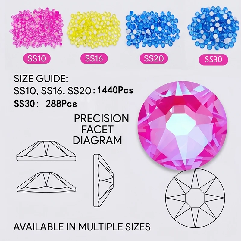 QIAO 2088 Electric Neon Colors Non Hotfix Crystal AB Bedazzling Flatback Rhinestones SS16 SS20 SS30