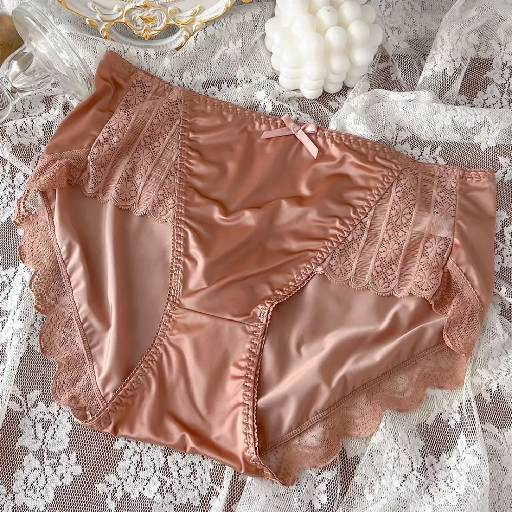 Mid Waist Lightweight Ice Silk Underwear Soft Smooth Sexy Panties Embroidery Satin Ruffle Panties Women