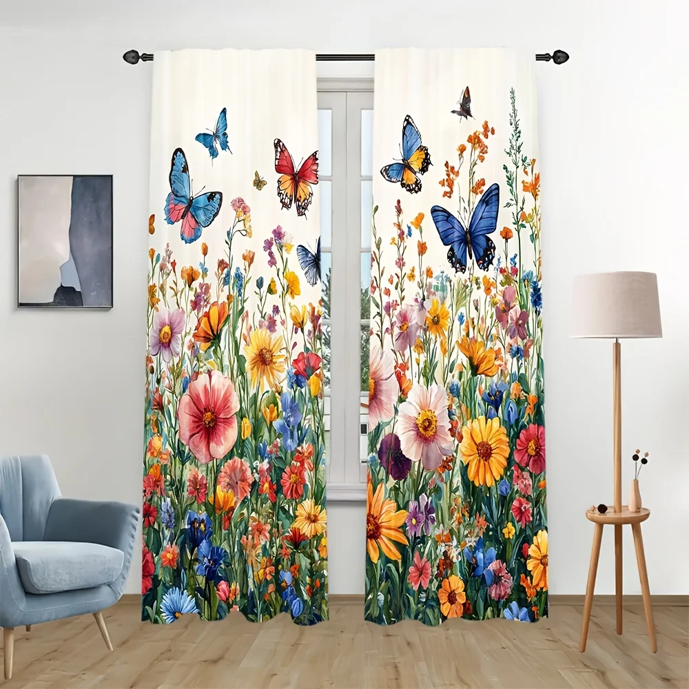 Butterfly Wildflower Meadow Curtains Blackout Drapes for Living Room Spring Decor Colorful Insect Floral Print Window Treatment