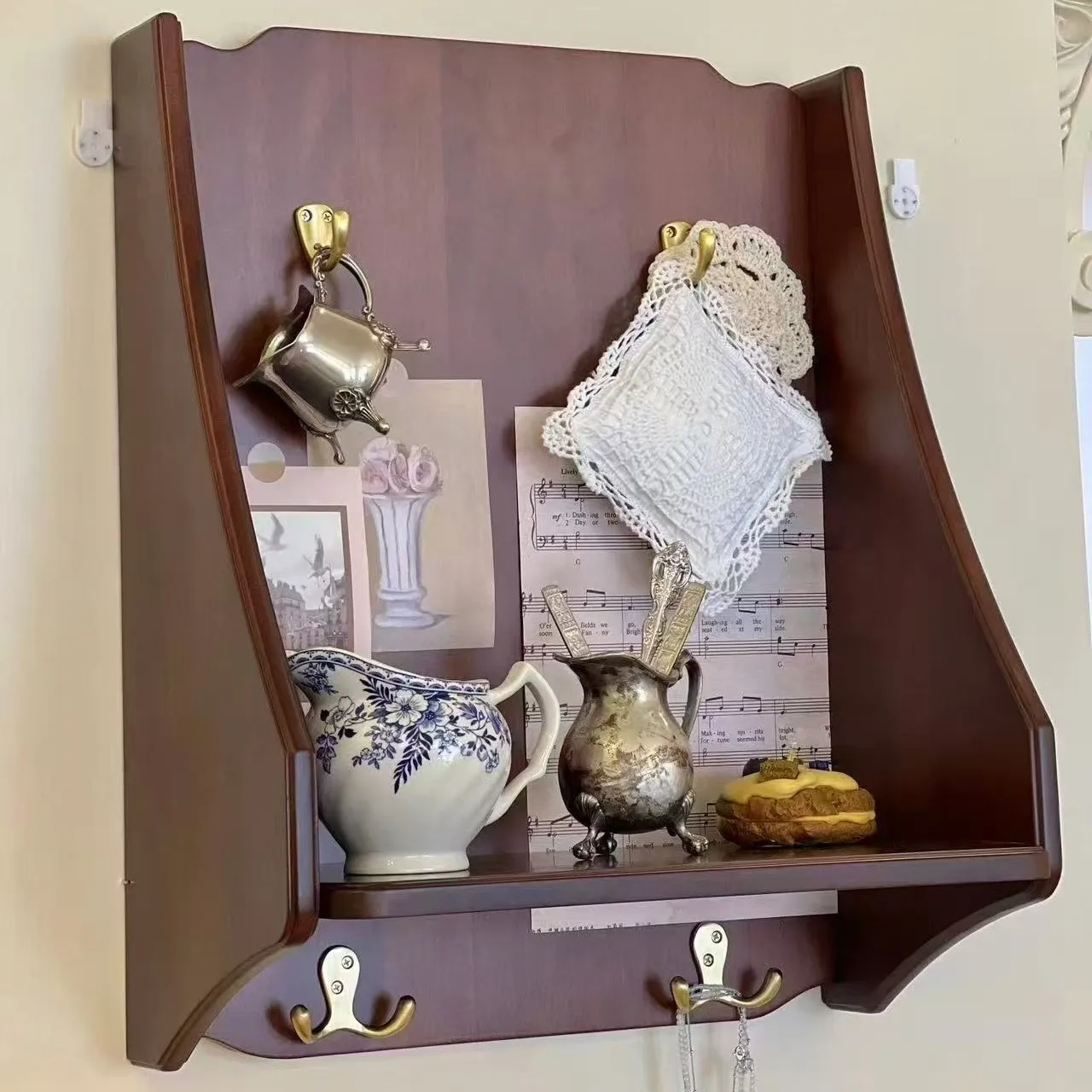 

Medieval French Retro Solid Wood Wall Rack Storage Cabinet with Brass Hooks And Cup Holder Multi-Functional Hanging Cabinet