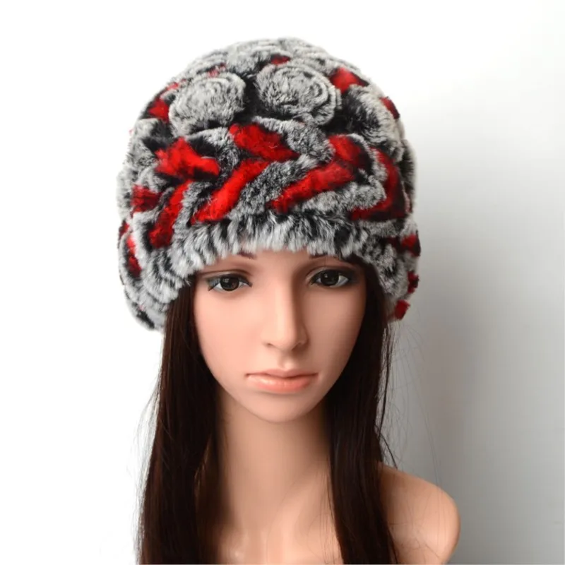 

Women's warm and thick woolen hat real fur woven rose flower