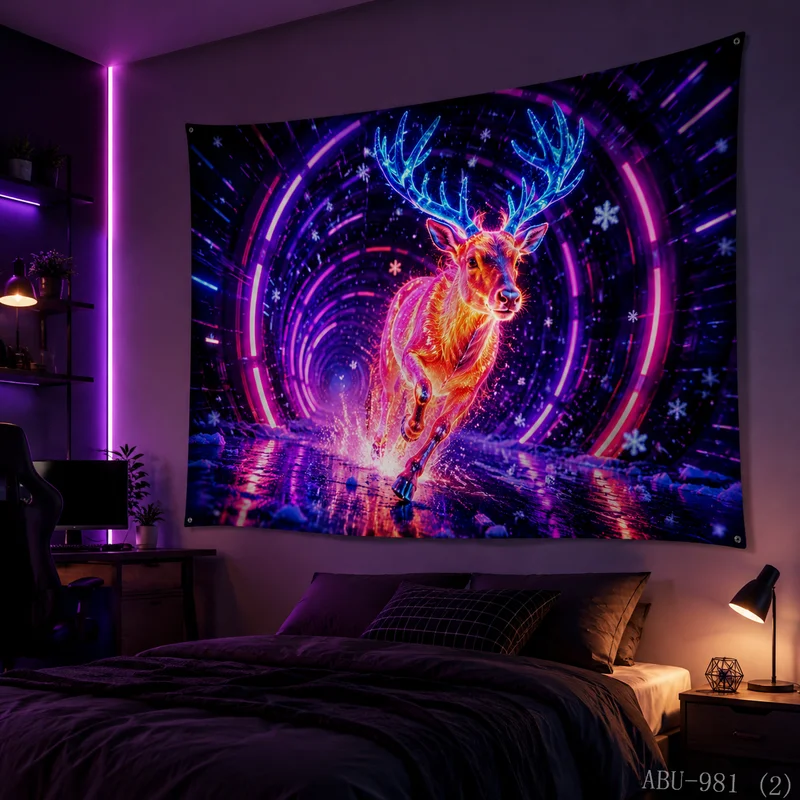 VIKAMA Cyber Time Tunnel Running Elk Christmas Tapestry HD Background Cloth Holiday Atmosphere Room Decoration