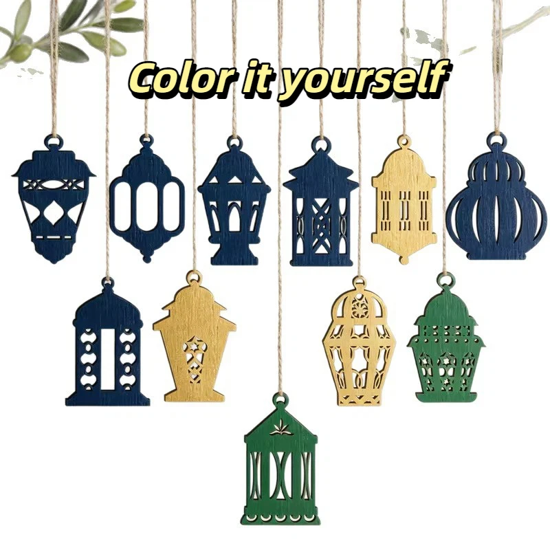 12pcs Wooden Moon Hexagonal Star Lantern DIY Painted Pendant Middle East Eid Al Fitr Home Decoration Pendant Garden Decoration