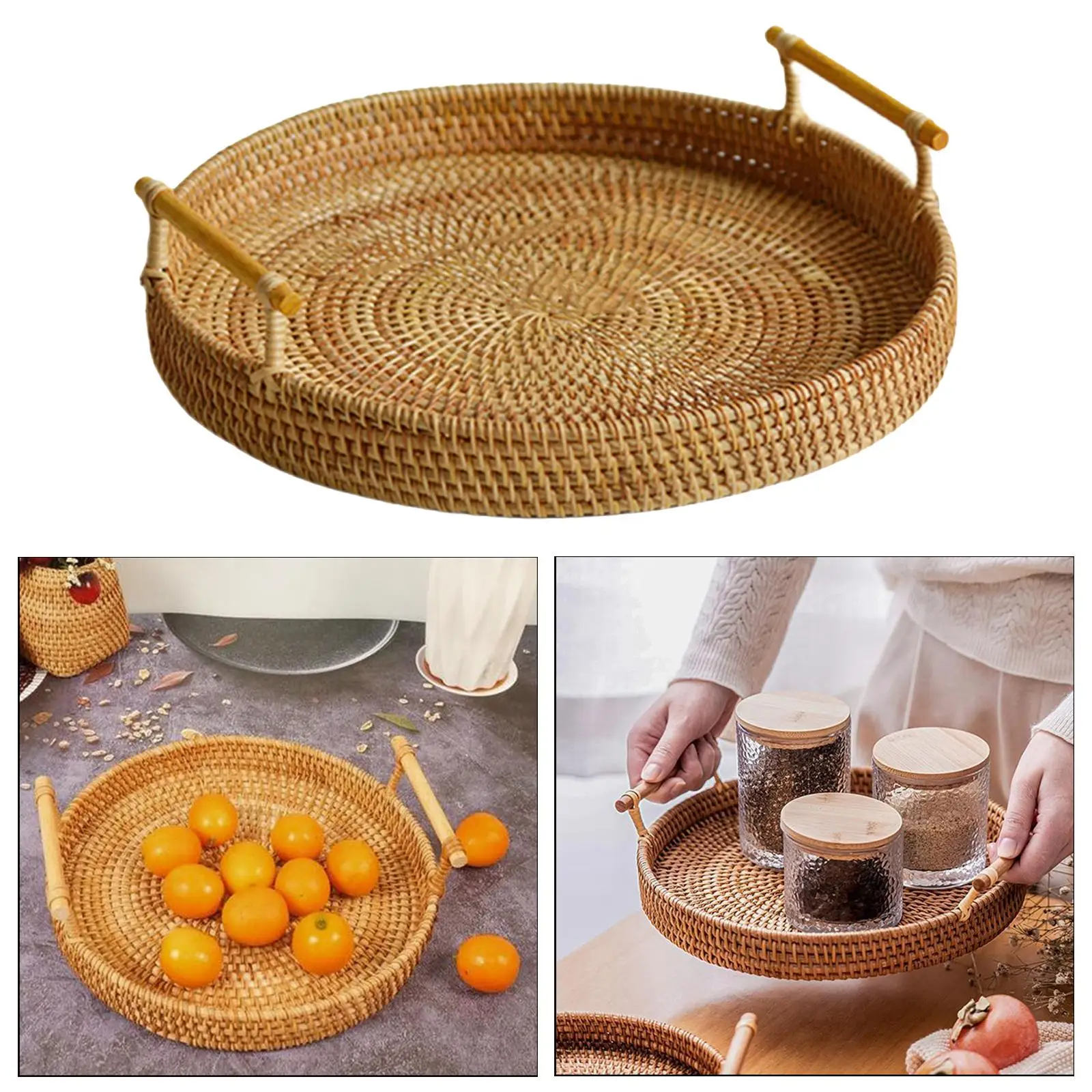 Storage Tray Round Decorative Woven Wicker Basket Rattan Tray Organizer for Food Serving dinner Cake Vegetables Kitchen