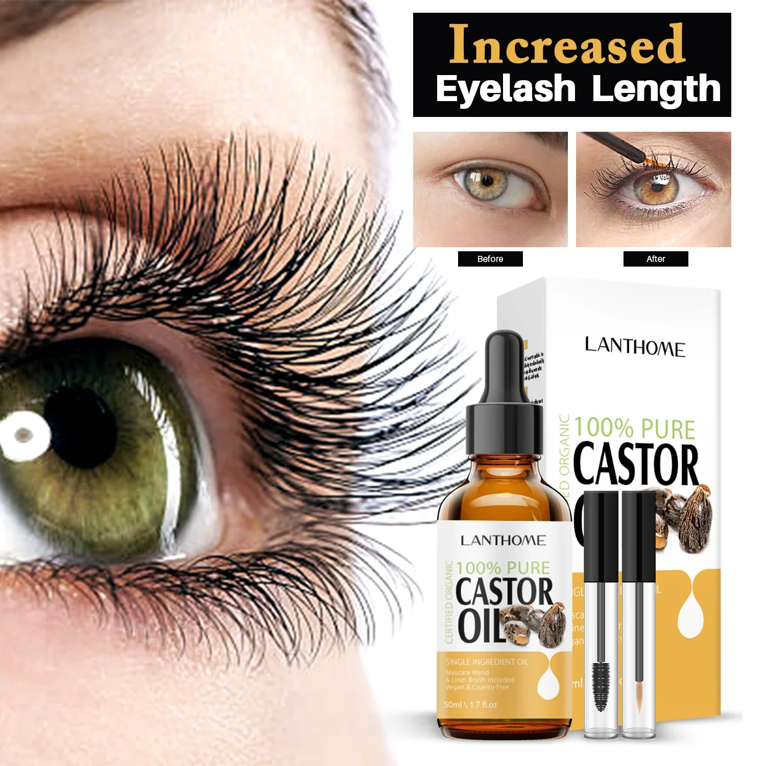 50ML Eyebrow Eyelash Growth Serum Natural Castor Oil Eyelashes Growth Essential Oil Thick Longer Nourishing Enhancer Lash Kit