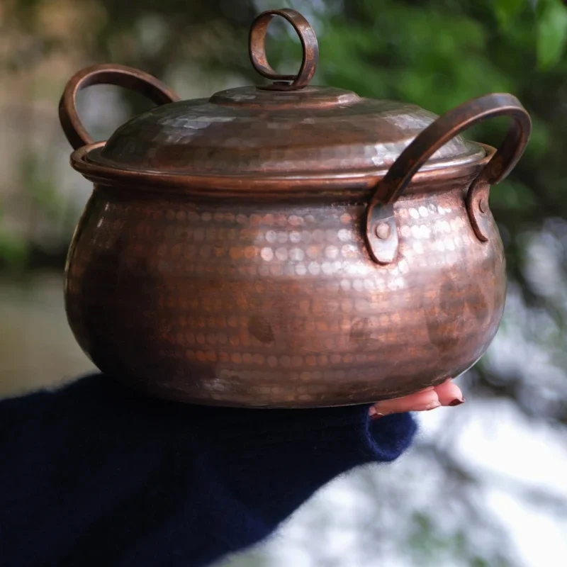 Handmade Red Copper Cooking Pots, Vintage Distressed Stockpot, Non-Stick Soup Cookware, High Quality for Household