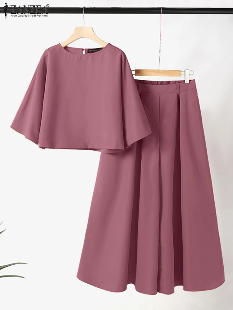 

Womens Causal Pant Sets ZANZEA 3/4 Sleeve Crop Tops Wide Leg Pants Loose 2PCS Outfits Solid Color Commute Fashion 2-Pieces Sets