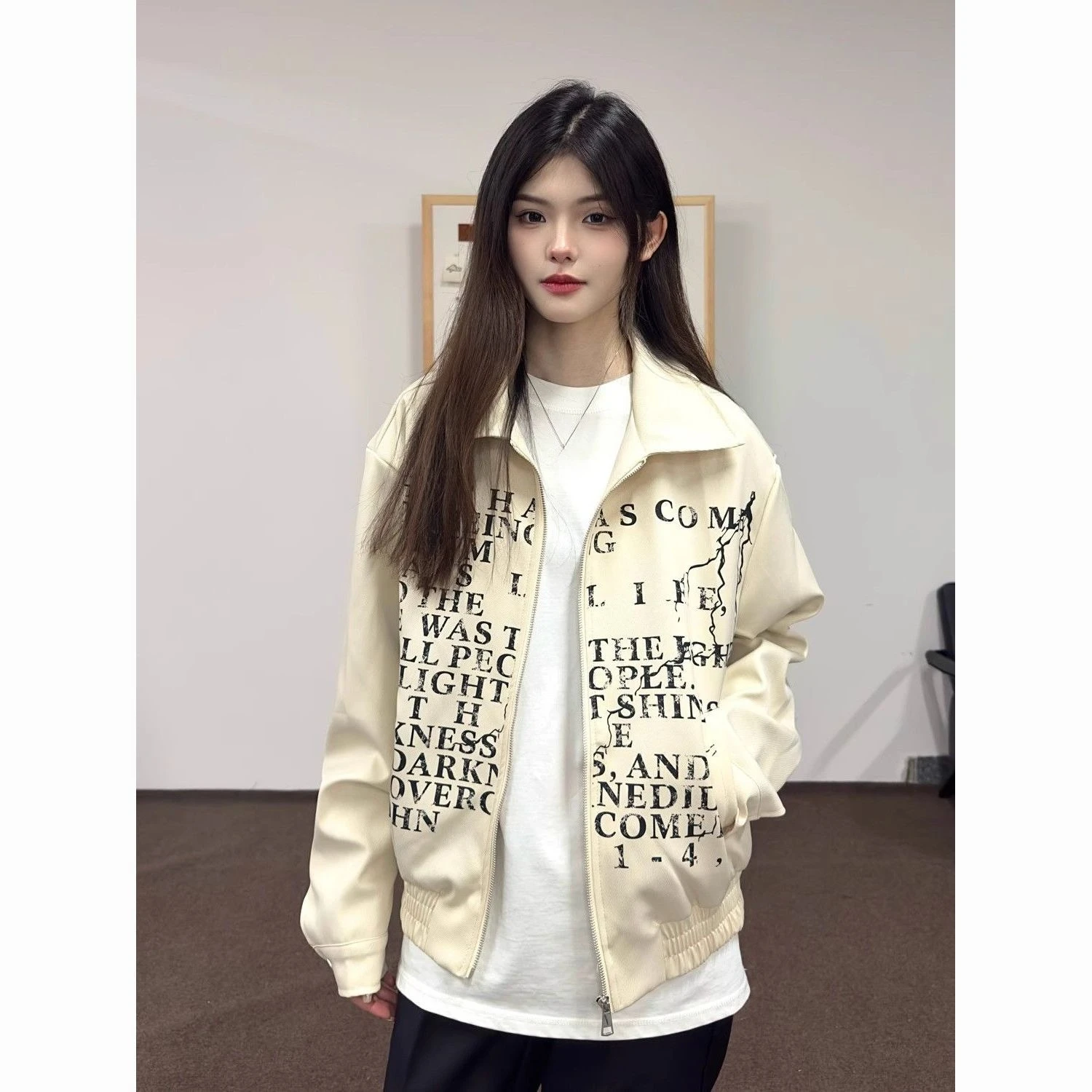 سترة بقلنسوة ذات ثقافة فرعية أمريكية كلاسيكية بأكمام طويلة للسيدات غير رسمية Y2k Harajuku مطبوعة بحروف يابانية معطف بسحاب ملابس خروج للخريف #1