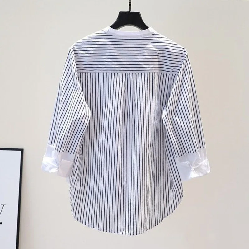 Korean Stripe Print Splicing Pockets Long Sleeve Shirt Spring Autumn All-match Stand Collar Loose Chiffon Single Breasted Blouse