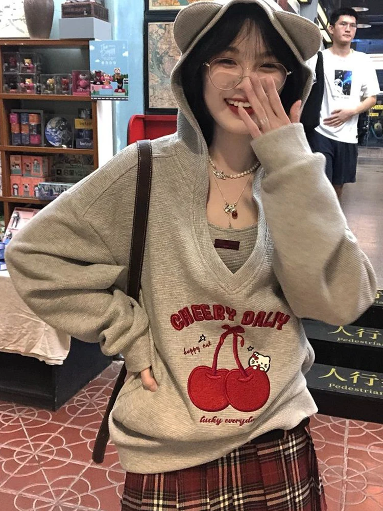 Oversized Sweatshirt Women Autumn Long Sleeve Halter Pullover Two Piece Set Female Kawaii Cherry Letter Embroidery Loose Hoodies