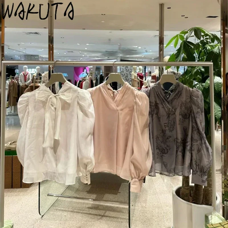 

Wakuta Sweet Elegant Puff Sleeve Stand Collar Shirt Casual Fresh Print Lace Up Blouses Japan Fashion Loose Chiffon Blusas