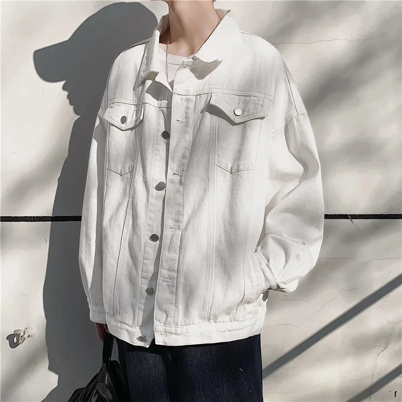 

2025 Spring and Autumn White Denim Jacket Men's Hong Kong Style Loose Trendy Brand Tooling Jacket Ins Korean Version Trendy Top