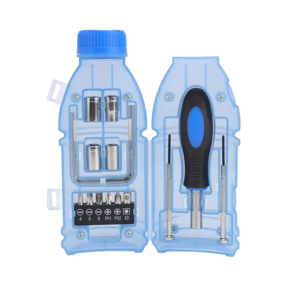 

Ergonomic 11 Piece Screwdriver Set With Socket Wrench Heads In Portable Blue Bottle Storage Box For Home Repair And DIY Projects