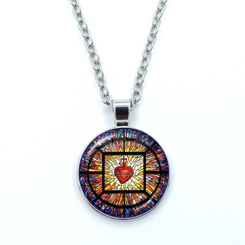 Sacred Heart of Jesus Patterns Necklace for Women Jewelry Cabochon Glass Pendant Fashion Statement Crystal Necklace Wholesale