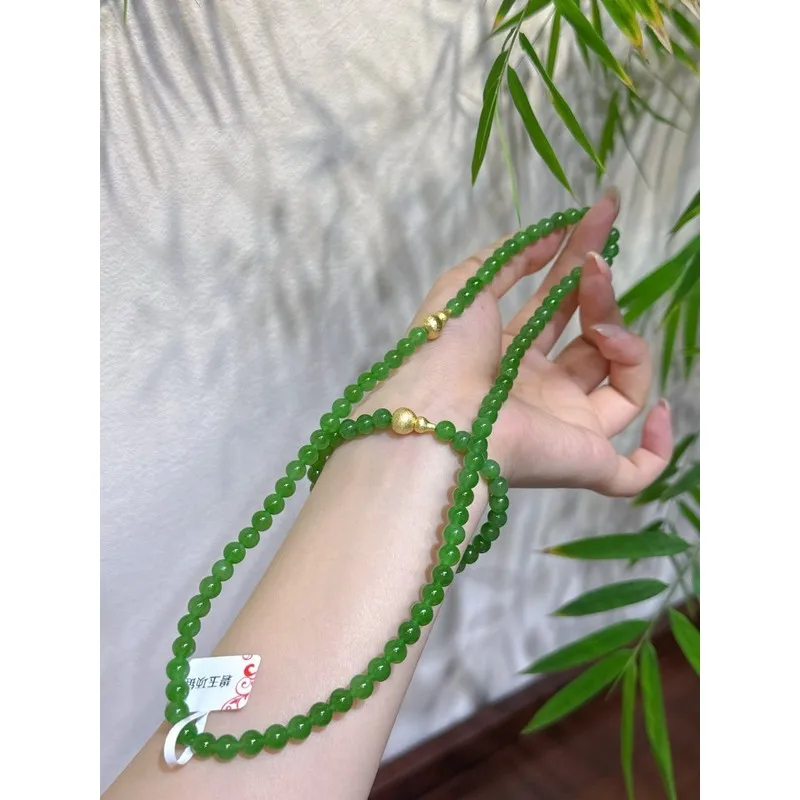Hetian Jade, Old Russian Material, Full , Bright Sunny Green Beads Necklace And Bracelet