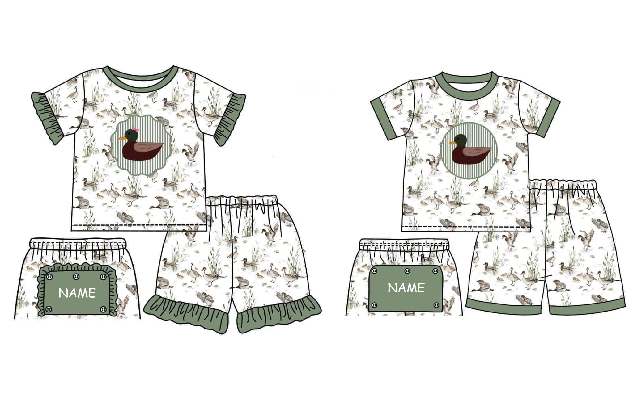 

2023 Ropa Baby Girl New Style Cotton Customizable Name Style Duck Print Top Clothes Presale Models Green Edge Sets Boy Pajamas