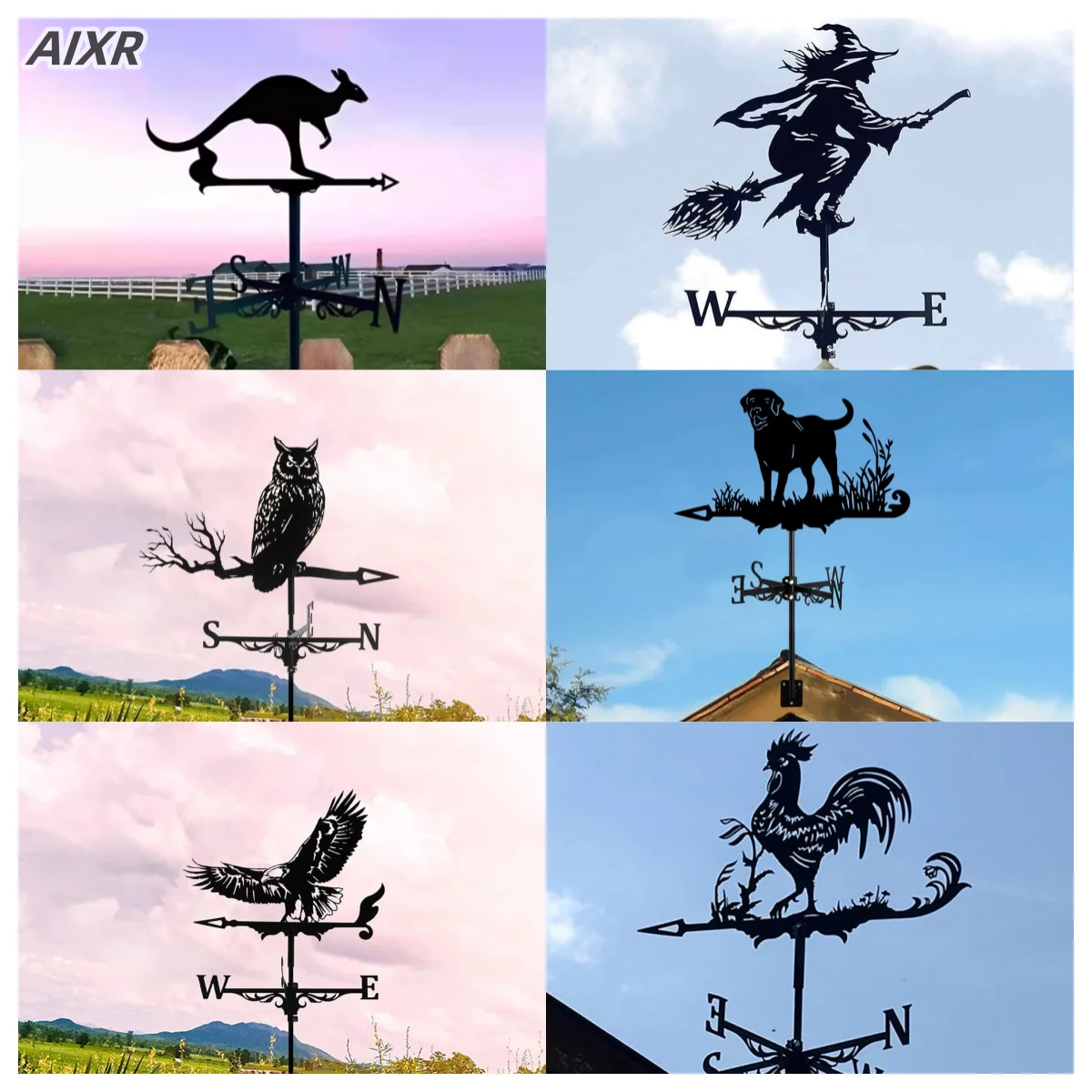 

Garden Decorations Outdoor Wind Vane Greenhouse Garden Supplies Witch Dog Sailboat Eagle Rooster Weather Vane Shed Roof Iron Art