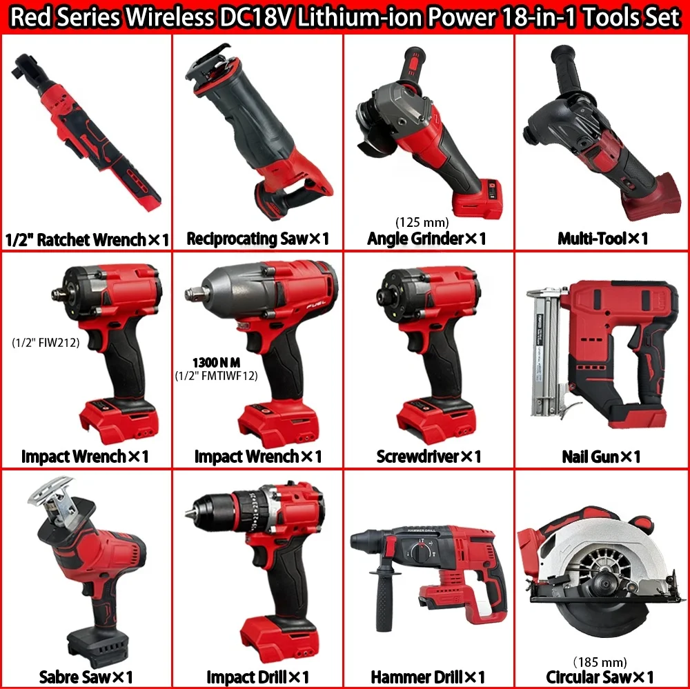 18V lithium-ion battery; 19-piece industrial tool set, including grinders, drills and other multi-functional electric tools.05