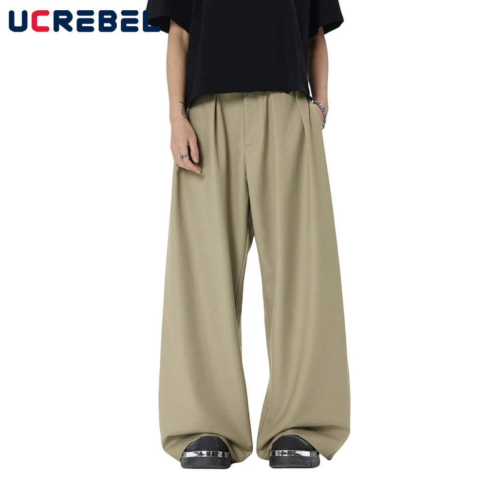 

Retro Solid Color Pleated Suit Pants Mens Summer High Street Loose Wide Leg Casual Trousers Men