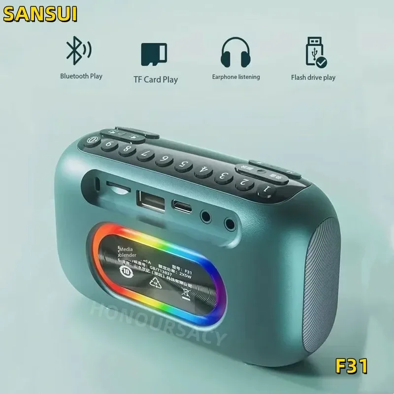

SANSUI F31 Портативные беспроводные Bluetooth-колонки FM-радио Открытый HI-FI сабвуфер Поддержка выхода для наушников USB-накопитель TF-карта AUX