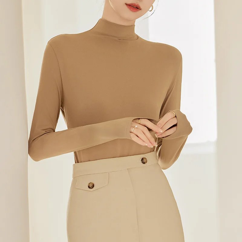 Half High Collar Base Shirt Women Long Sleeved T-shirt Spring and Autumn Slim Fit Inner Layer Autumn Clothes Mid Neck Black Top