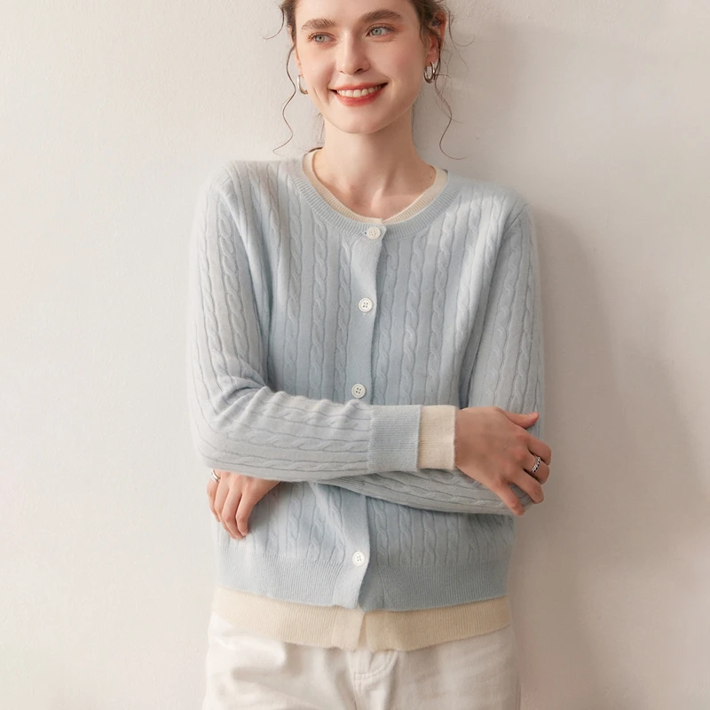 Suéter de cachemira para mujer, cárdigan, Otoño Invierno, 100% de punto de Cachemira, artículo esencial, ropa falsa de dos piezas con cuello redondo, Top