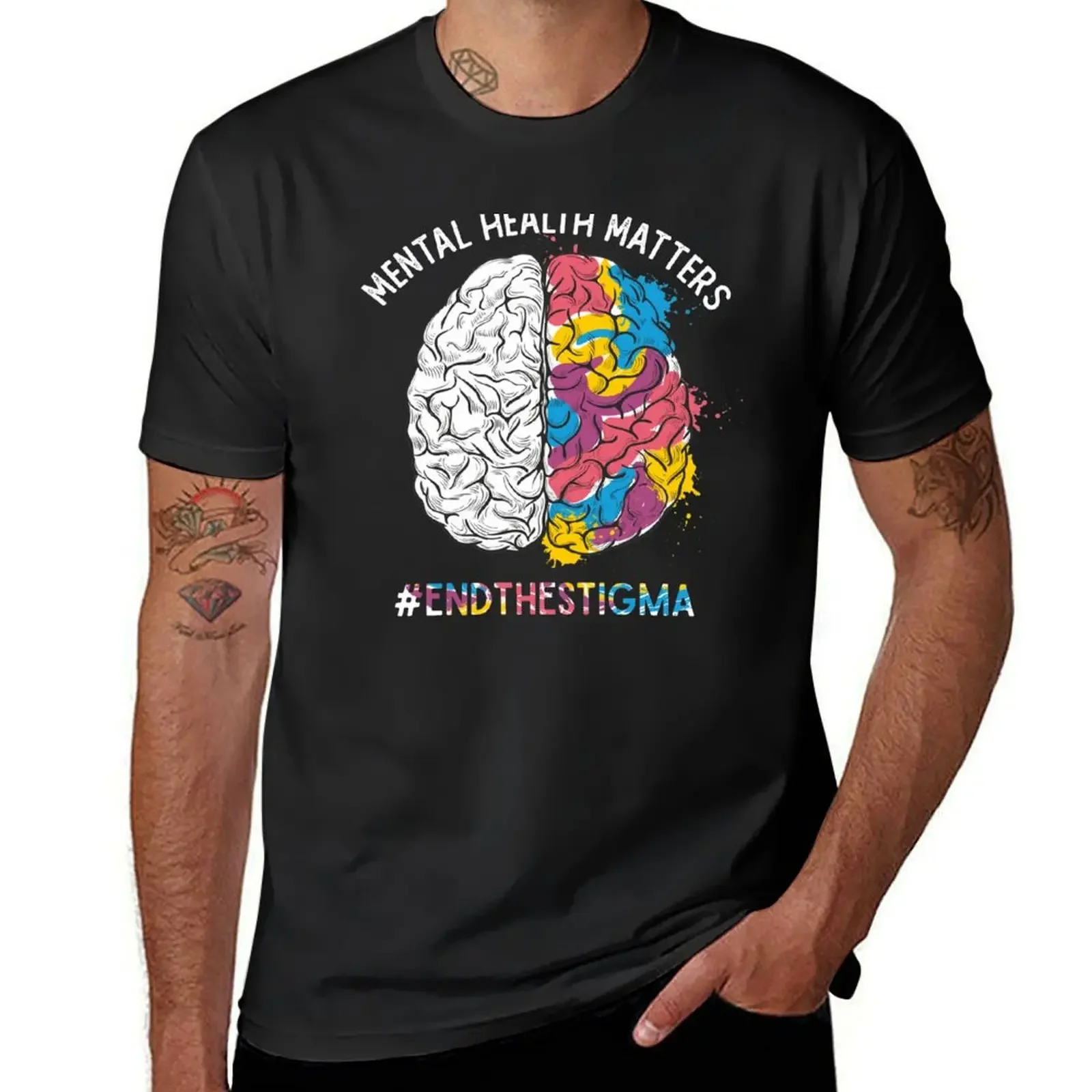 Mental Health Matters Brain Rainbow End the Stigma Awareness Month T-Shirt summer tops new edition Men's t-shirt