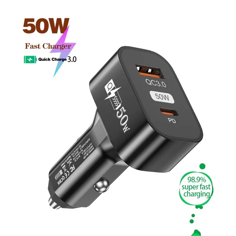 

50W 2Port Car Charger Super Fast Charger QC3.0 /PD25W Cigarette Lighter Fast Charger for iPhone/Huawei/Samsung/xiaomi/OPPO/VIVO