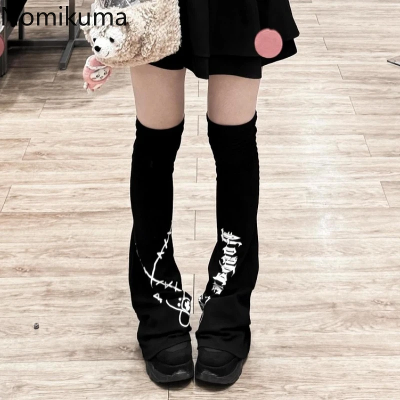 Harajuku Gothic Letter Print Black Leg Warmer Socks for Women Y2k Punk Streetwear Punk Buckle Chic Leg Cover Japanese Legwarmers