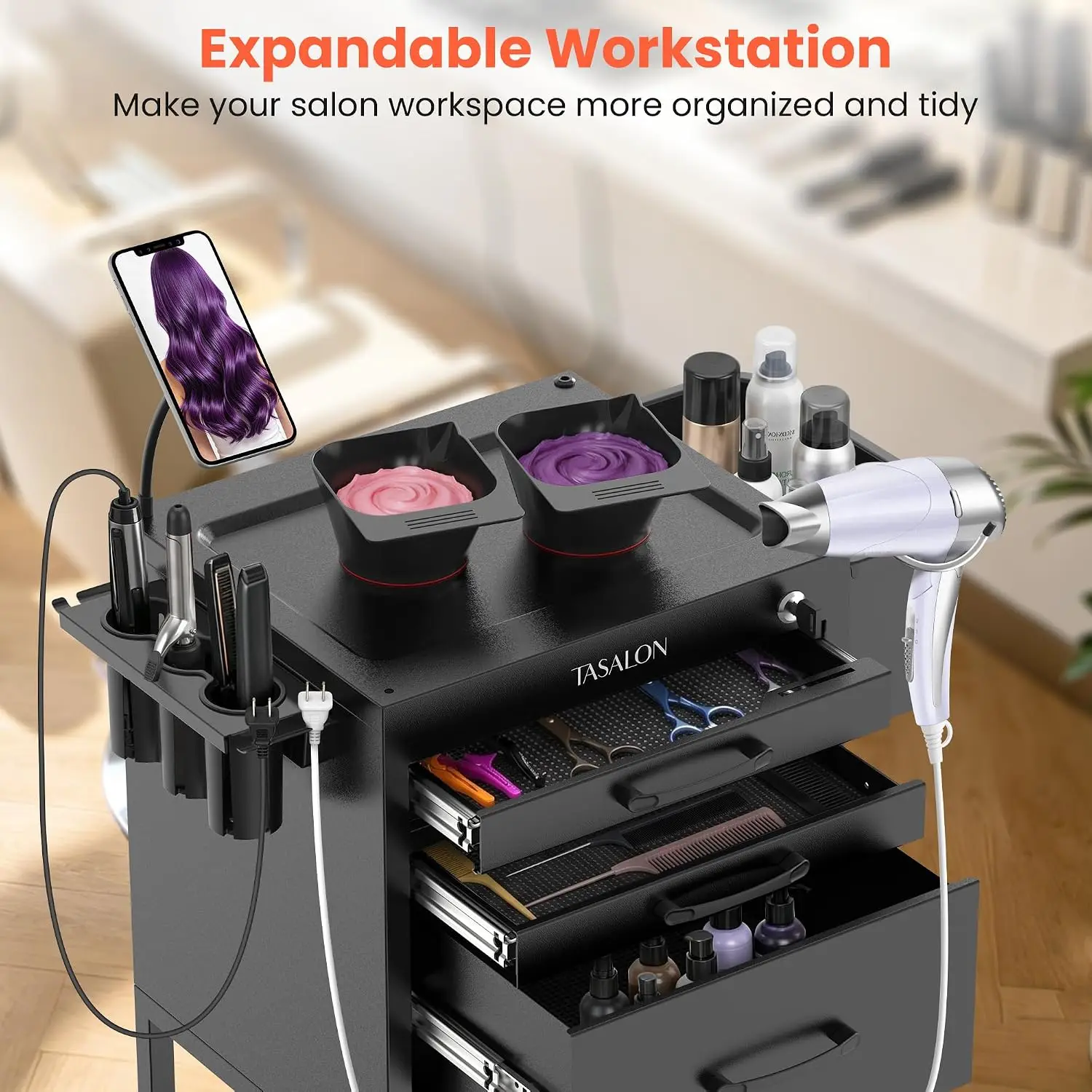 Salon Trolley Cart with Wheels, Lockable Metal Rolling Cart with Drawers, Magnetic Bowls & Phone Holder, Mobile Storage Organize