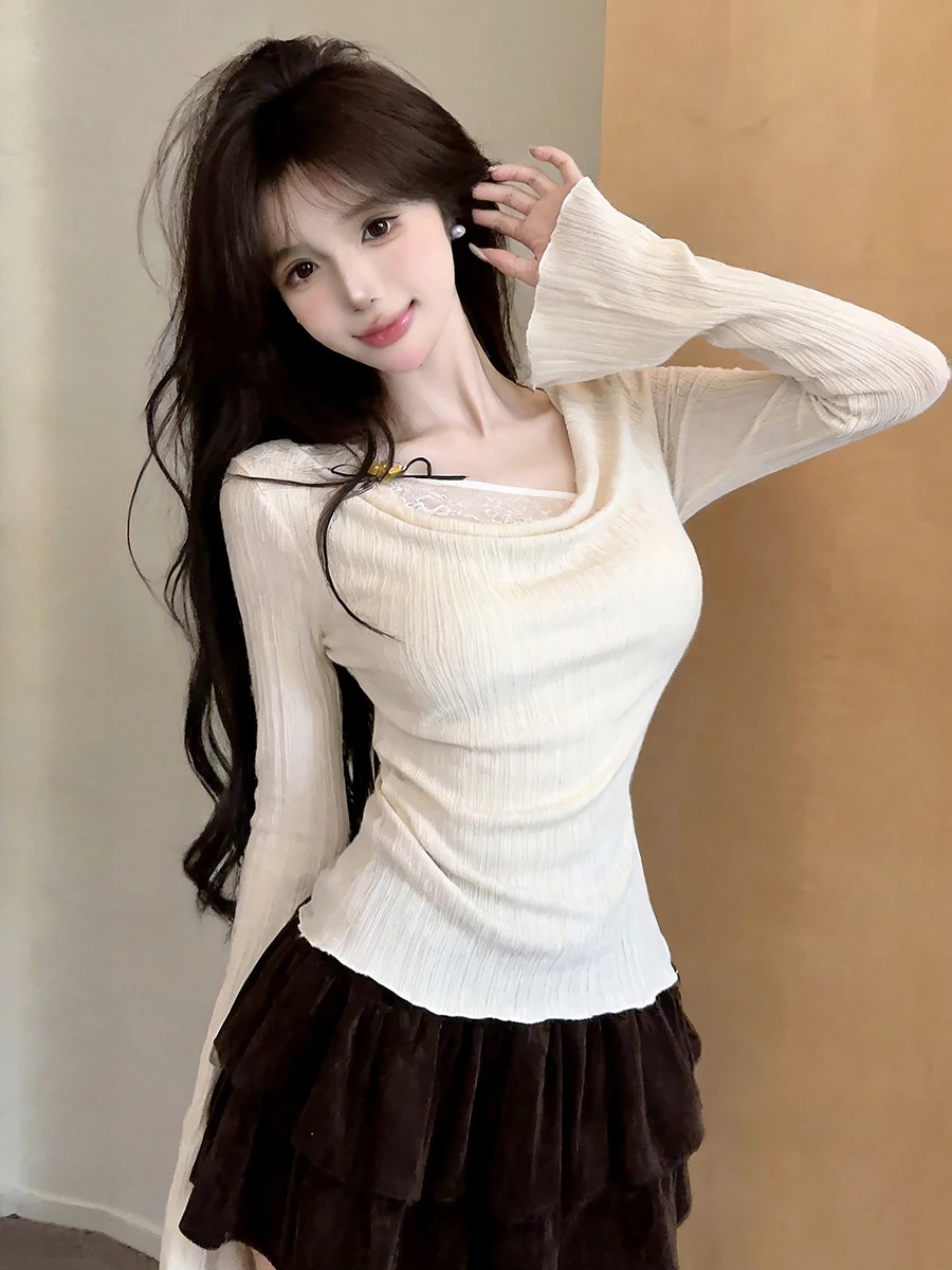 Elegant Long Sleeve T-Shirt Lace Splicing Slimming Waist High Neck Fashionable Base Layer Top Women's Cotton Polyester Blend