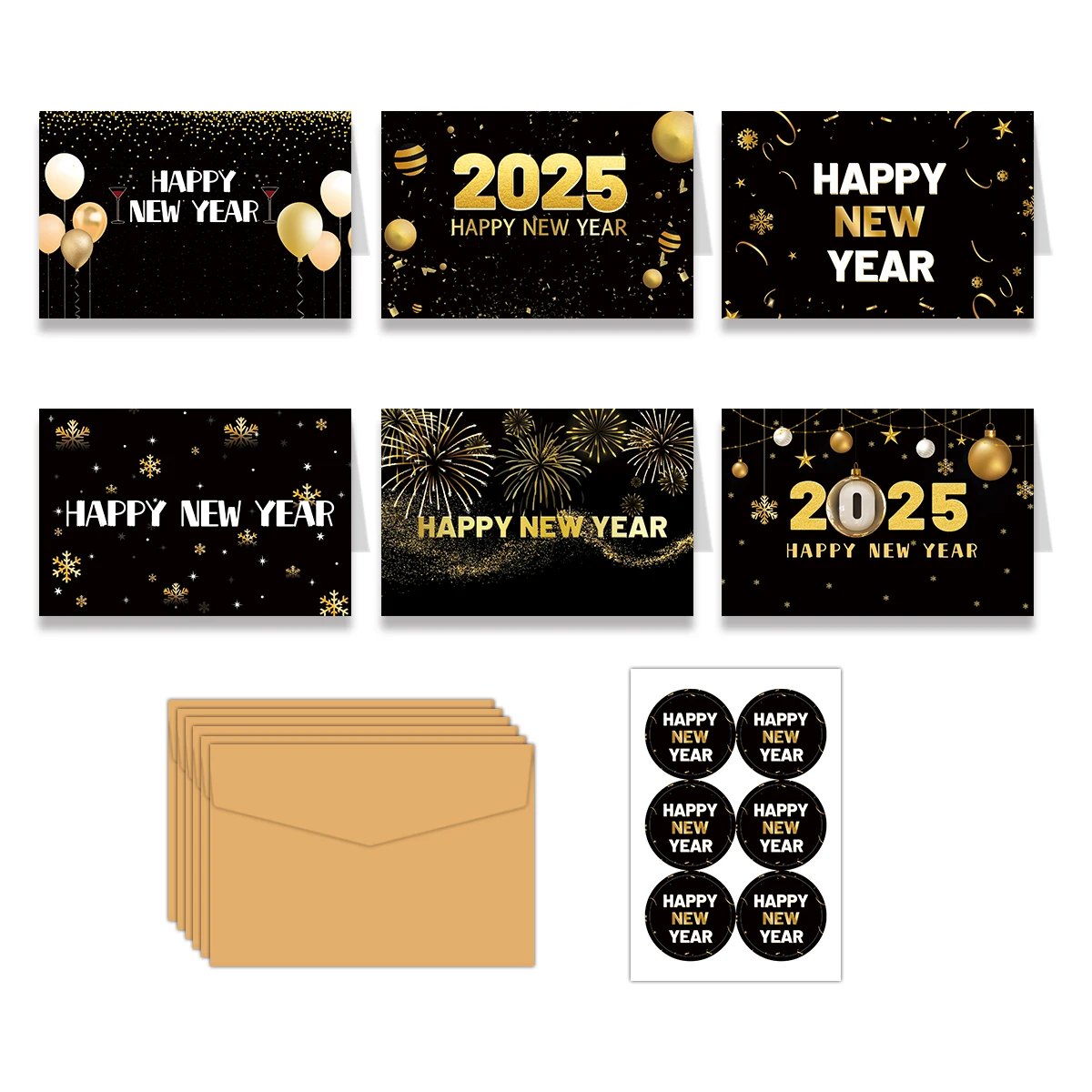 2025 Frohes Neues Jahr, 6 Set Gold- und Schwarzgrußkarten mit Umschlag und Dichtungsaufkleber, Neujahrsgeschenk für Freunde und Familie