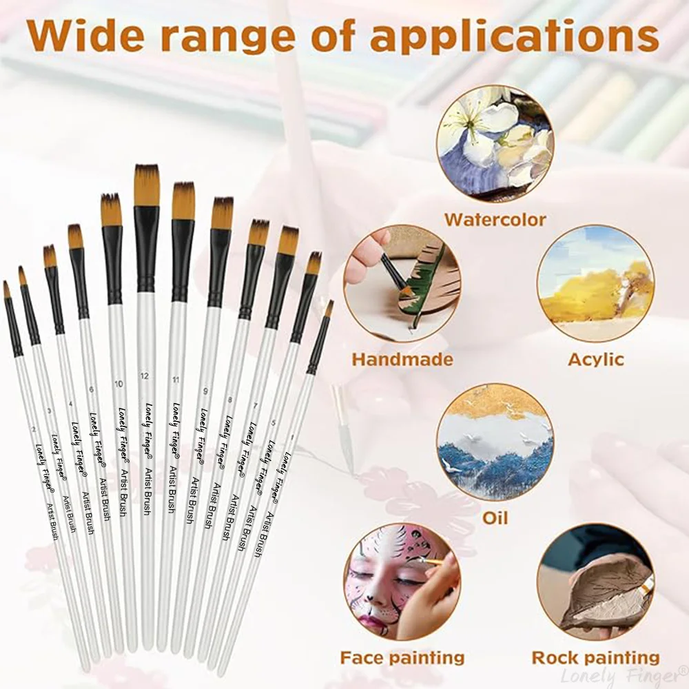 

Набор из 12 плоских нейлоновых кистей для художников, профессиональной живописи, акрила, акварели и гуаши.